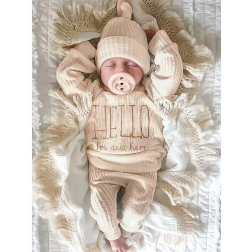 SHEIN HELLO Letter Embroidered Newborn Photo Shooting Outfit, Baby Boys/Girls Top, Pants, Hat 3pcs Set, Infant 1 Month-100 Days Studio Photography Apparel | SHEIN USA