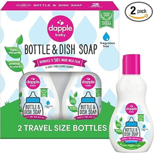 Dapple Baby Bottle Soap, Hypoallergenic Dish Soap for Baby Bottles, Powered by Plants, Travel Size, Fragrance Free, 3 Fl Oz (Pack of 2)