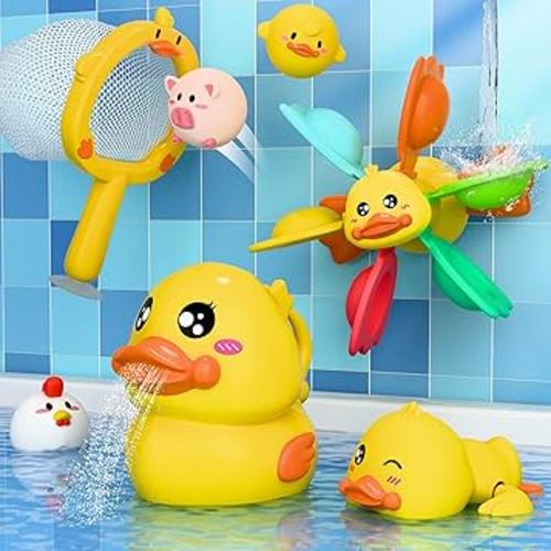 iPlay, iLearn Baby Duck Bath Toy, Toddler Bathtub Suction Water Spinner Gear, Kid Shower Fishing Game W/ Net, Floating Animal, Wind up Swimming Duck, Birthday Gift 6 9 12 Month 1 2 3 Year Old Boy Girl