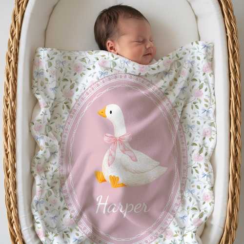 Personalized Floral Goose Baby Blanket, Silly Goose Nursery Decor, Floral Baby Shower, Baby Gift, Floral Cottage Core Baby Shower, Coquette