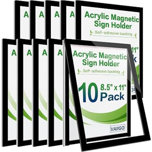 8.5" x 11" Acrylic Sign Holder Wall Mount, Self Adhesive Magnetic Display Frame with Nano Tape and Strong Magnetic Frames for Wall, Door, Glass, Home, Store, Office (Black, 10Pack)