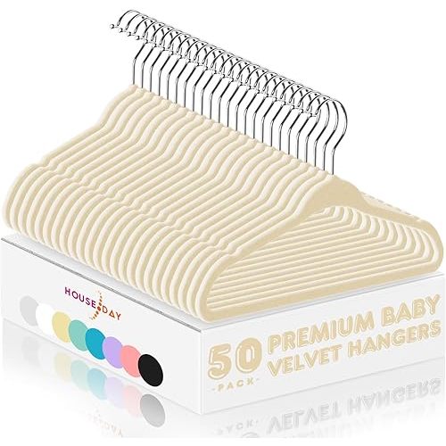 HOUSE DAY 11 Inch Velvet Baby Hangers 50 Pack Beige, Premium Kids Hangers for Children, Infant & Toddler Clothes, Durable Non Slip Small Baby Felt Hanger for Closet, Ideal for Everyday Use