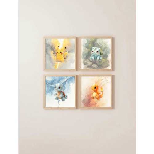 New Set of 4 digital Water Colour Posters of pikachu Bulbasaur charmander squirtle Child Kids Boys Girls Room Photo Decoration Birthday Gift