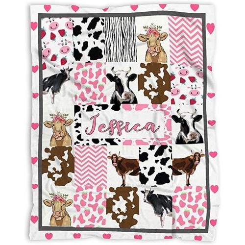 Personalized Strawberry Cow Baby Blanket Gifts Custom Cow Print Blanket for Girls Boys Cow Baby Stuff Toddler Blanket Swaddle Newborn Receiving Blanket 40x30 in for Puppy