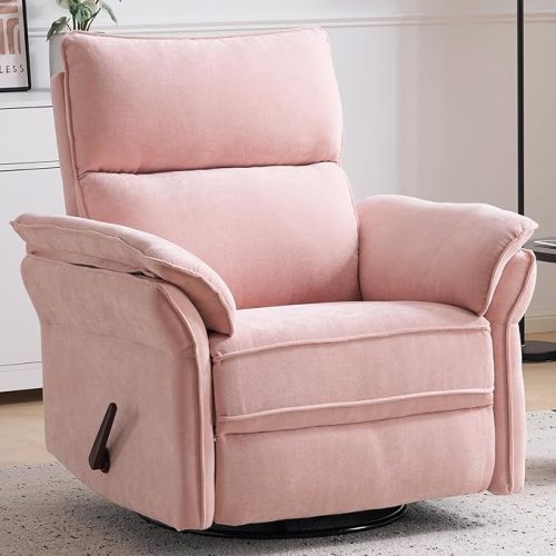Oversized Recliner Chair, 26" Extra Wide 360° Swivel Rocker Recliner with Adjustable Headrest, Chenille Glider Rocking Nursery Chair with Overstuffed Armrest, Lumbar Support, Pink