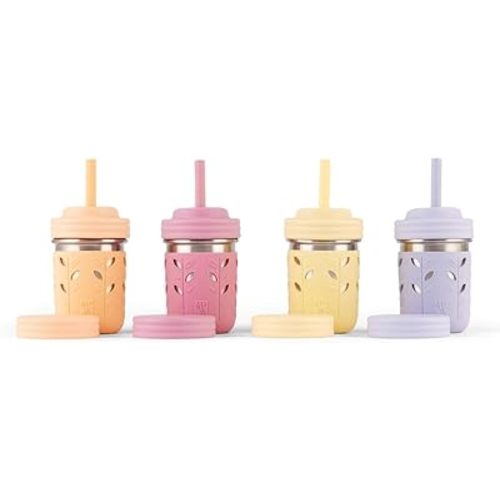 Elk and Friends Stainless Steel Cups | 10 oz Mason Jar design | Kids & Toddler Cups with Silicone Sleeves & Straws with Stopper | Smoothie Cups