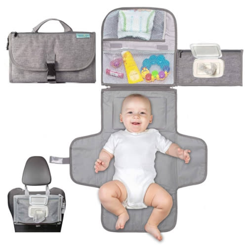 Kopi Baby Portable Diaper Changing Pad - Baby Diaper Changer Travel Bag with Wipes Pocket, Smart Design Portable Changing Mat, Infant Travel Station Kit, Gift for Newborn Girl & Boy - Grey, Classic