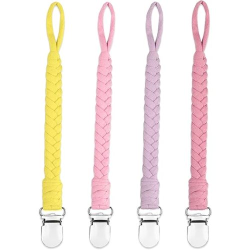 4 Pcs Pacifier Clip, Pacifier Clips for Boys & Baby Girls Pacifier Holder Clip Binky Clips Braided 100% Handmade Fits All Pacifiers(Yellow, 4 Pack)