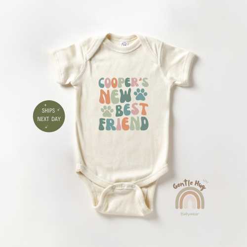 Custom New Best Friend Onesie®, Personalized Baby Bodysuit, Retro Protected By Dog Onesie®, Baby Shower Gift, Personalized Dog Name Onesie®