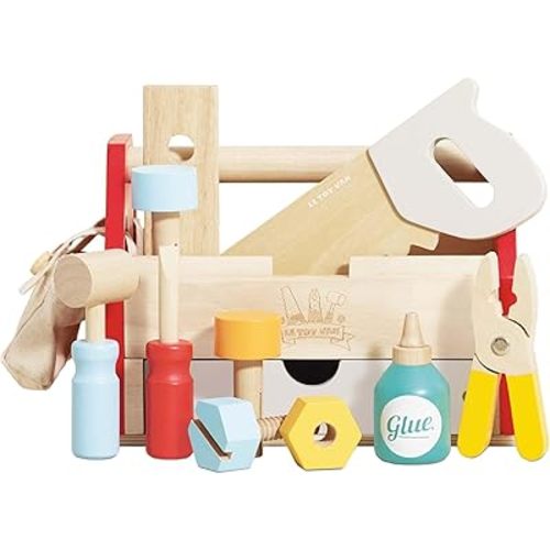 Le Toy Van - Cars & Construction Educational Wooden Tool Box Play Set for Role Play | Boys Pretend Play Wooden Tools - Suitable for 3 Year Olds and Older, Tool Box 12 Piece Set