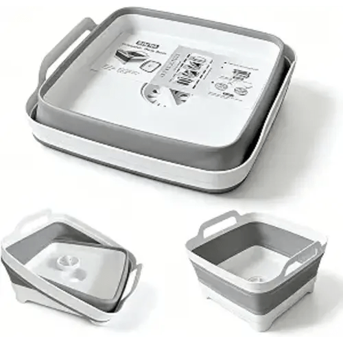 Collapsible Wash Basin with Drain Plug - 2.4 Gallon Foldable Kitchen Sink for Baby Bottles, RV Camping, Space-Saving Dish Tub (Gray)