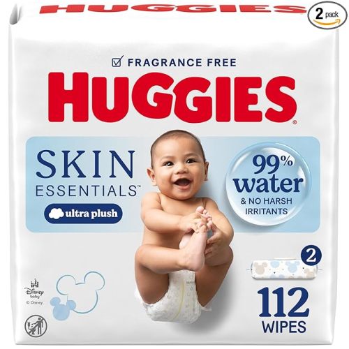 Huggies Skin Essentials Baby Wipes, Hypoallergenic, 99% Water, 2 Flip Top Packs (112 Wipes Total)
