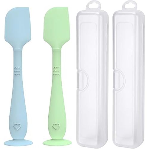 2 Pack Diaper Cream Spatula with Hygienic Travel Case, Butt Spatula Baby with Suction Base, Baby Butt Paste Spatula, Soft Silicone Diaper Rash Cream Applicator Large Size (Blue & Green)