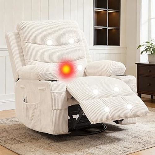IDEALHOUSE Rocker Recliner Chair with Massage and Heat, Swivel Reclining Sofa with Cup Holder, Side Pockets, Front Pockets, Rocking Chair for Living Room, Bedroom, Nursery (Beige, Corduroy)