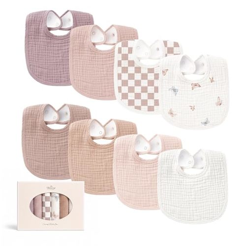 Konssy 8-Pack Muslin Baby Bibs, Adjustable Fit for Drooling and Teething