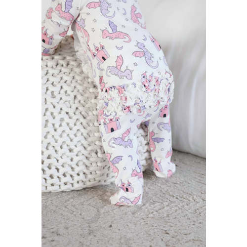 Dragon Adventure Ruffle Zipper Footie in Pink | Caden Lane