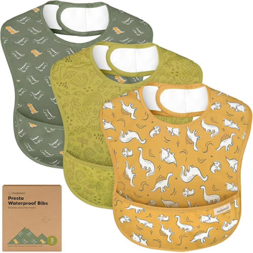 3-Pack Waterproof Baby Bibs for Eating - Lightweight Toddler Feeding Bibs with Large Food Catcher, Mess Proof, Food-Grade Baby Eating Essentials, Easy to Put On & Clean (Basics)