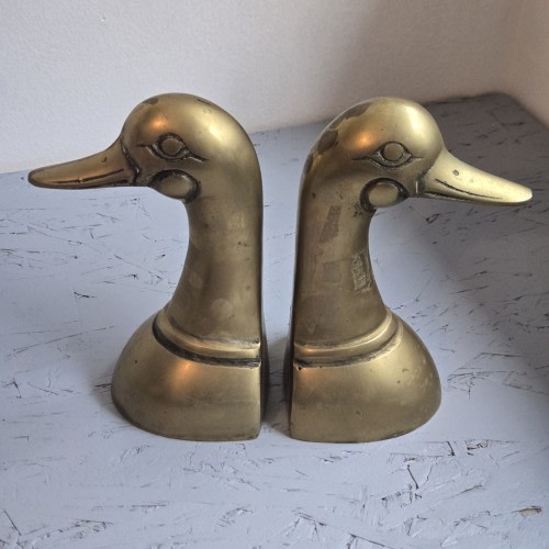 Vintage Pair Brass Duck Head Bookends 6.5” Patina Dirty Sticky MCM
