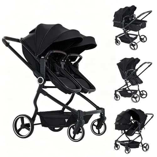 Double Stroller for Infant and Toddler, Black | Lightweight side-by-side twin | 26.8" slim fits doors | Compact fold & travel | Independent recline | 5-pt harness & basket