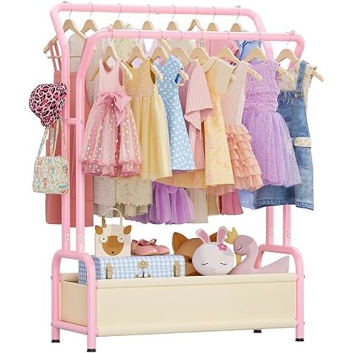 Kids Clothing Rack with Double Hanging Rods and Storage Basket, Child-Height Dress Up Storage for Toddler, Open Kids Closet for Baby Clothes, Costumes, Shoes and Toy, Kids Clothes Rack Bedroom Nursery