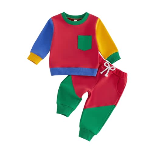 Toddler Clothes 2-Piece Set Sweatshirts Jogger Pants Baby Boys Girls Outfit | Color Blocking Pullovers, Fall Winter Outfit, Pockets, Elastic Waist, Long Sleeve, Crew Neck, Unisex