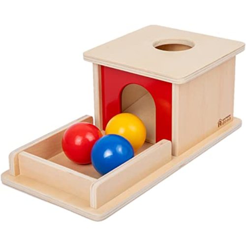 Adena Montessori Wooden Toy for 6-12 Month Baby 3 Balls,Object Permanence Box with red Door Colorful Learning Education Toy for Toddler Kid 1-2 Year Old, Preschool Girl and Boy Gift Full Size Typical