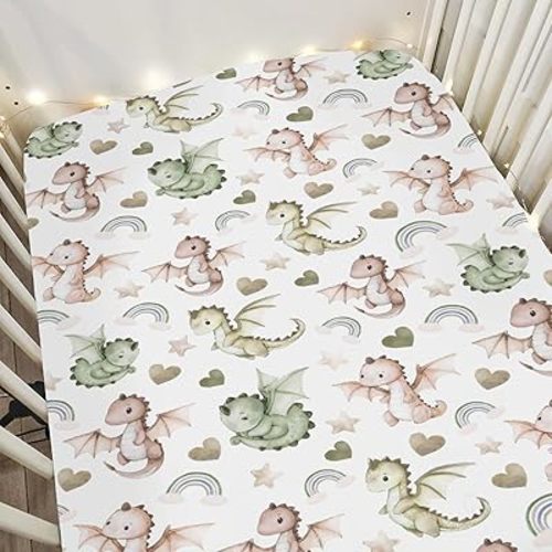 Fairytale Dragon Love Stars Baby Crib Sheets for Boy Girl 52"x28" Dragons Green Soft Snug Fitted Crib Mattress Cover Fantasy Animal Baby Sheet for Standard Crib & Toddler Bed Mattress