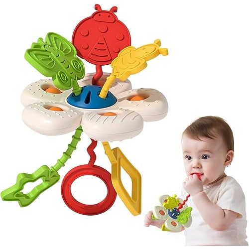 Baby Sensory Chew Toy for 6-12-18 Months, Soft Silicone Popper Pull String Travel Toys for Car Seat, Early Develop Fine Motor Skills & Vision, Learning Gift for Newborn Infant Toddler Boys Girls