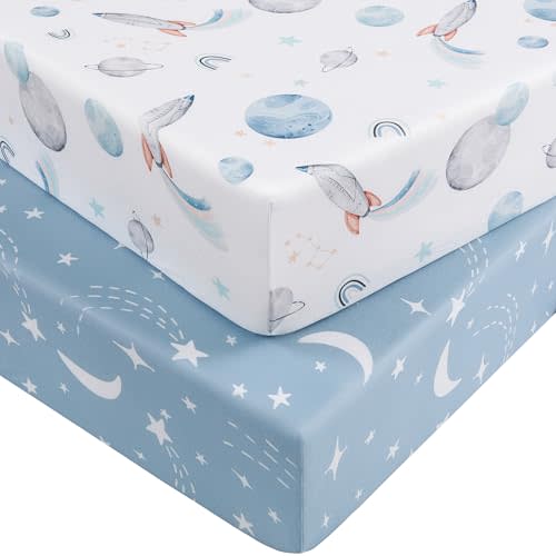 Baby Crib Sheets for Boys and Girls, Fitted Crib Sheets 52" x 28", Soft Breathable Microfiber Sheets for Standard Crib and Toddler Mattress, 2-Pack Blue Rocket