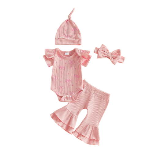 BemeyourBBs Preemie Baby Girl Newborn Hosptial Coming Home Outfits Baby Girl Summer Clothes Short Sleeve Bow Print Romper Flare Pants Set Headband Hat Set