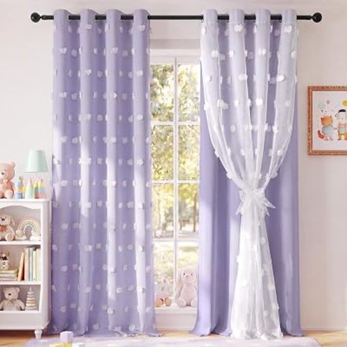 RYB HOME Purple Pom Pom Curtains for Girls Bedroom Nursery - Double Layer Sheer Tulle Overlay Room Darkening Drapes, Thermal Insulated Window Treatment with 2 Bow Tie-Backs, 2 Panels, W52xL84