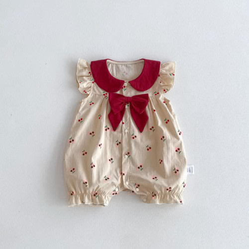 Baby Girl Red Collar Cherry Beige Romper