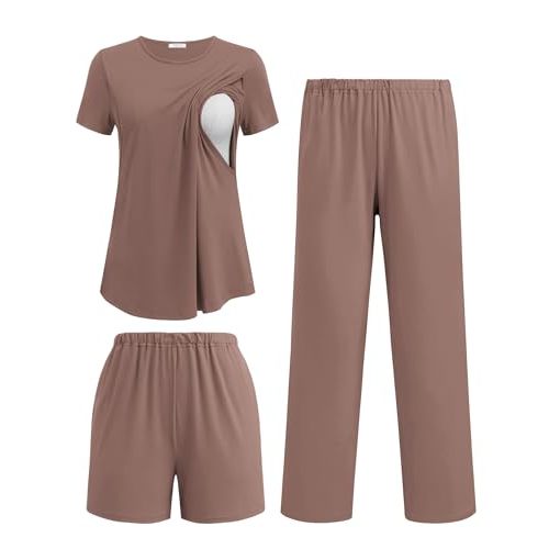 Ekouaer 3 Piece Maternity Pajamas Set Postpartum Nursing Short Sleeve Breastfeeding Sleepwear Pregnancy Shorts & Pants Pjs