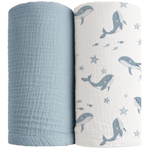 Konssy 2 Pack Muslin Swaddle Blankets, 100% Cotton Receiving Blanket Large 47 x 47 inches for Baby Boys Girls, Soft Breathable Muslin Baby Blanket for Newborn (Blue Whale,Blue)