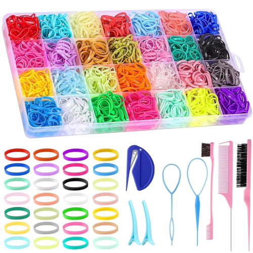Livhil 28 Colors Hair Rubber Bands with Tail Hair Tools and Hair Clips, 1500 Pcs Elastic Small Hair Ties, Hair Accessories