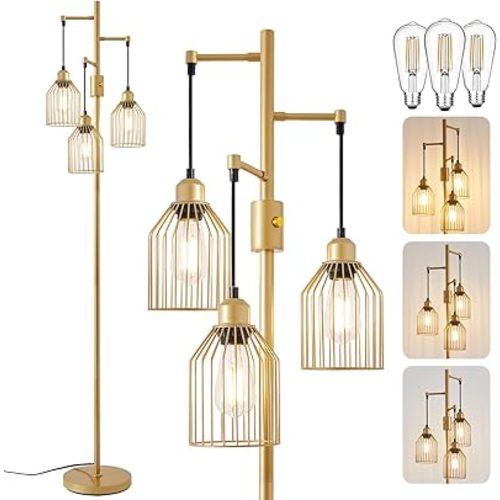 Dimmable Floor Lamp for Living Room, Farmhouse Floor Lamps with Elegant Hanging Cage, 3 x LED Edison Bulbs Included, 68.5" Industrial Standing Light for Bedroom Office Home Decor (Gold)