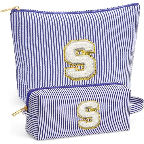 Travel Cute Makeup Bag Set - Make up Cosmetic Bag for Women, Small Makeup Bag for Purse Makeup Kit | Blue Stuff Birthday Gifts for Women Travel Essentials, Blue Letter S