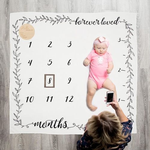 Pondering Pine Organic Baby Monthly Milestone Blanket Boy or Girl - Months Blanket with Wood Frame and Newborn Announcement Disc - Growth Chart for 1-12 Month Milestones, Gender Neutral, 47”x47”