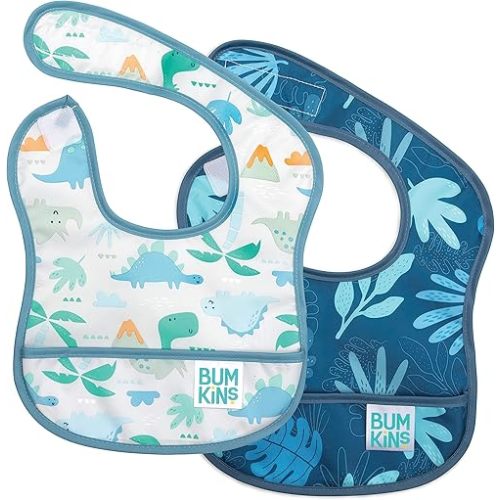 Bumkins Bibs, for Baby Girl or Boy, Infant 3-9 Months,Essential Must Have for Eating, Feeding, Baby Led Weaning, Mess Saving Waterproof Soft Fabric, Starter Bib 2-pk Blue Tropic and Dinosaurs