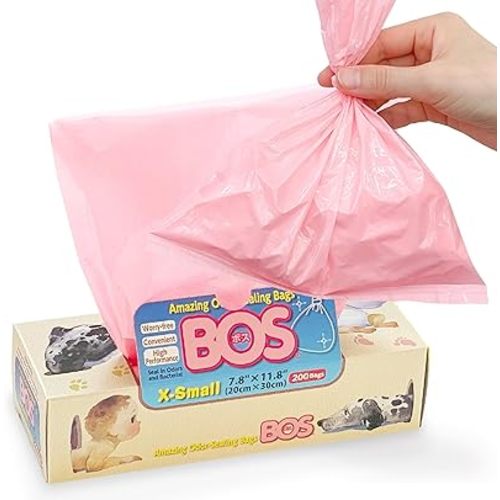 BOS Amazing Odor Sealing Disposable Bags, for Baby Diapers, Pet Waste or Any Sanitary Product Disposal - Durable and Unscented[Size: XS, Color: Pink] (200 Count, Pack of 1) (200 Bags)