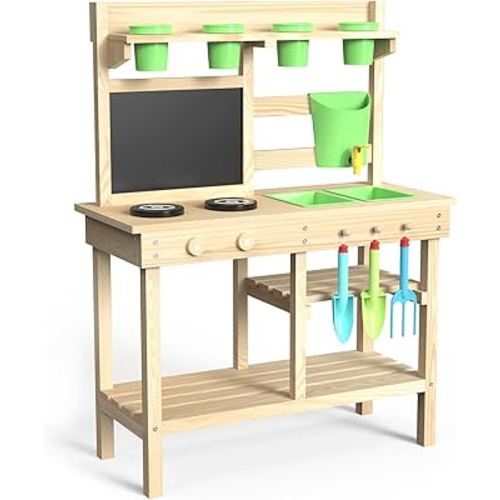 Cedar Wood Outdoor Play Kitchen for Kids, Mud Kitchen with Water Faucet, Dual-Sided Chalkboard, Storage Shelves, Cups, Removable Sink, and Pretend Stove – Backyard Toddler Playset for Boys and Girls