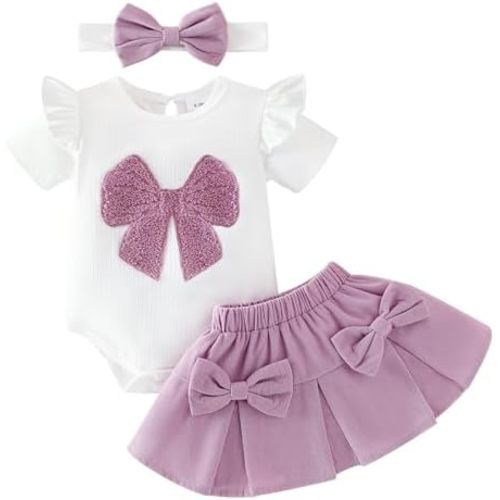 Baby Girl Clothes Summer Outfits Newborn Ruffled Short Sleeve Romper Cute Bows Skirt with Headband 3PCS 0-18 Months