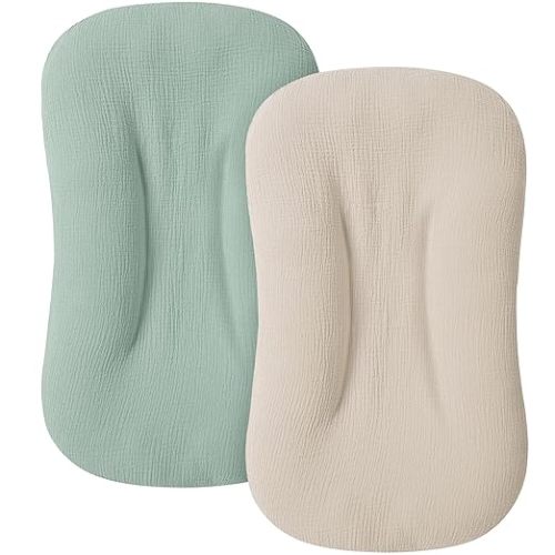 Muslin Baby Cover for Newborn, Soft and Breathable 100% Cotton Lounger Slipcover Neutral, Pack of 2(Green, Ivory)
