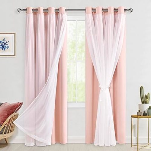Hiasan Blackout Curtains with Sheer Overlay, Thermal Insulated Mix & Match Double Layer Room Darkening Window Curtains for Bedroom,Living Room,Nursery 2 Panels with Tiebacks (52W X 84L,Blush Pink)