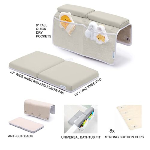 Bath Kneeler with Elbow Rest Pad Set, 1.75 inch Thick Kneeling Pad and Elbow Support for Knee Arm Support, Large Bathtub Kneeling Mat with Toy Organizer for Happy Baby Bathing Time, Beige