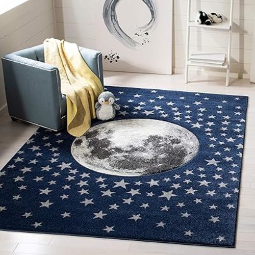 SAFAVIEH Carousel Kids Collection Area Rug - 4' Square, Navy & Grey, Non-Shedding & Easy Care, Ideal for High Traffic Areas for Boys & Girls in Playroom, Nursery, Bedroom (CRK135N)