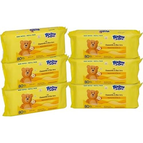 Ricitos de Oro Baby Wipes, Chamomile and Aloe Vera Refillable Baby Wipes, Moisturize and Clean Baby, Lightly Scented, Hypoallergenic, Alcohol-Fee, 6-Pack of 80 wipes each one (480 wipes)