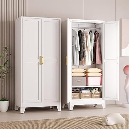 Metal Armoire Wardrobe Closet Storage Cabinet with 2 Doors, 71'' Wardrobe Cabinet with Hanging Rod Metal Closet with 2 Adjustable Shelves for Bedroom, Laundry Room, Cloak Room