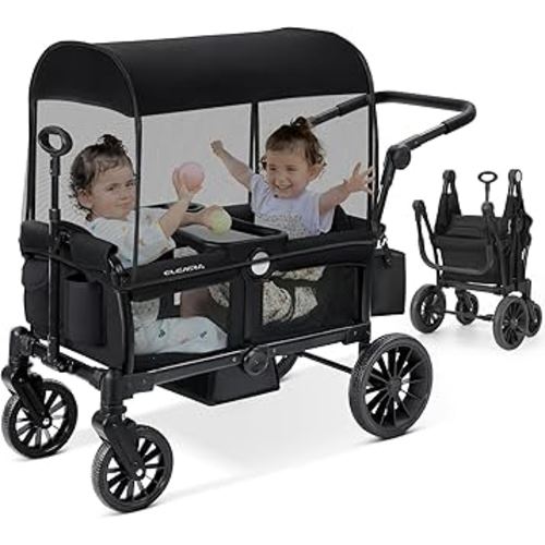 ELEMARA Wagon Stroller for 2 Kids, Premium All-Terrain Stroller with Canopy, Adjustable Push/Pull Handle Bar, Comfortable drop-down footwell and Upholstered Seats, Black