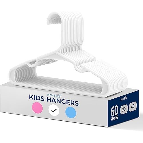 SereneLife 60 Pack Plastic Kids Hangers – Non-Slip Baby Hangers for Closet, Space-Saving Thin Design for Organizing Clothes, Infant, Toddler, and Newborn Clothing (White)